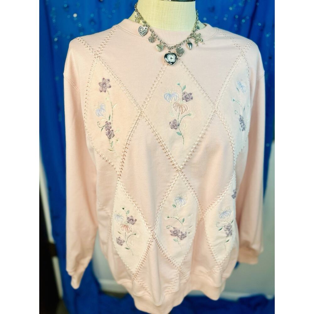 Vtg Alfred Dunner Patchwork Floral Cottage Granny Pink Sweater Large Cut Tag